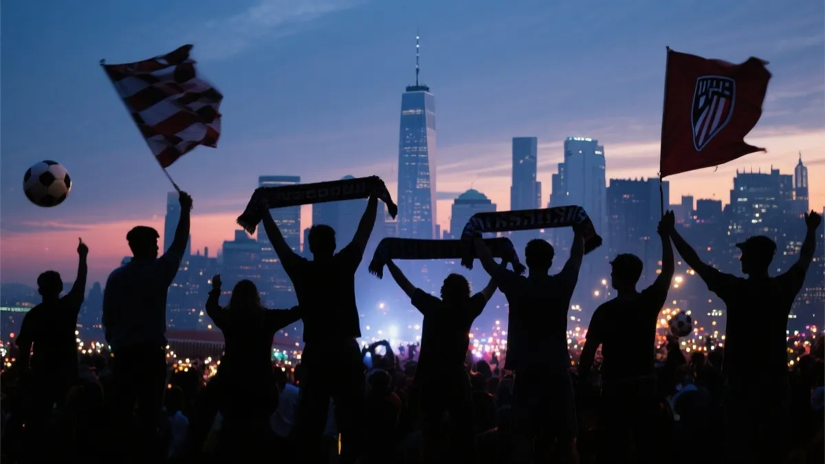 纽约天际线与球迷剪影、旗帜与灯光交织的世界杯决赛氛围概念图